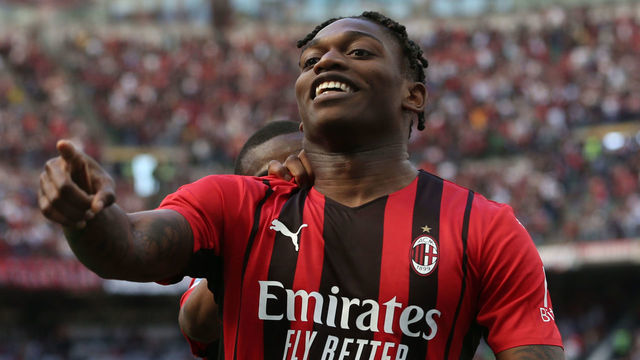 Rafael Leao (AC Milan) celebrates after scoring his side's first goal of the match during the italian soccer Serie A match AC Milan vs ACF Fiorentina on May 01, 2022 at the San Siro stadium in Milan, Italy