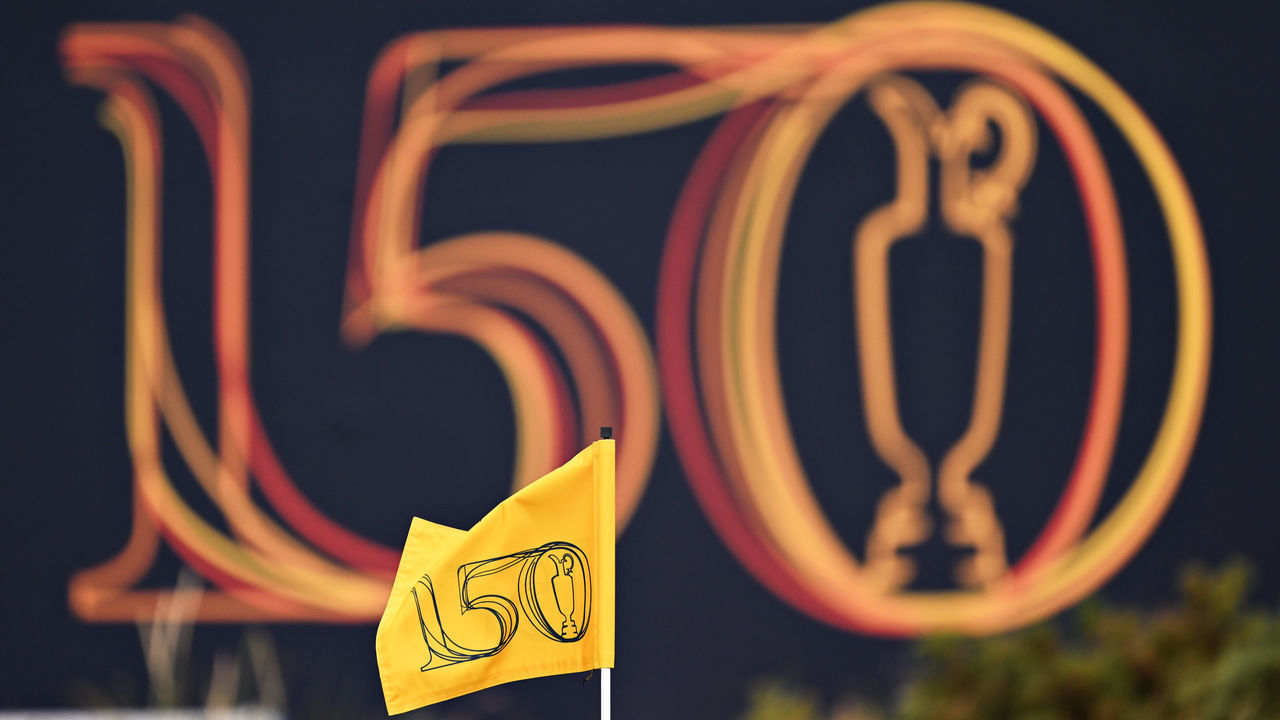 ST ANDREWS, SCOTLAND - JULY 12: Detailed view of a pin flag on a putting green during a practice round prior to The 150th Open at St Andrews Old Course on July 12, 2022 in St Andrews, Scotland.