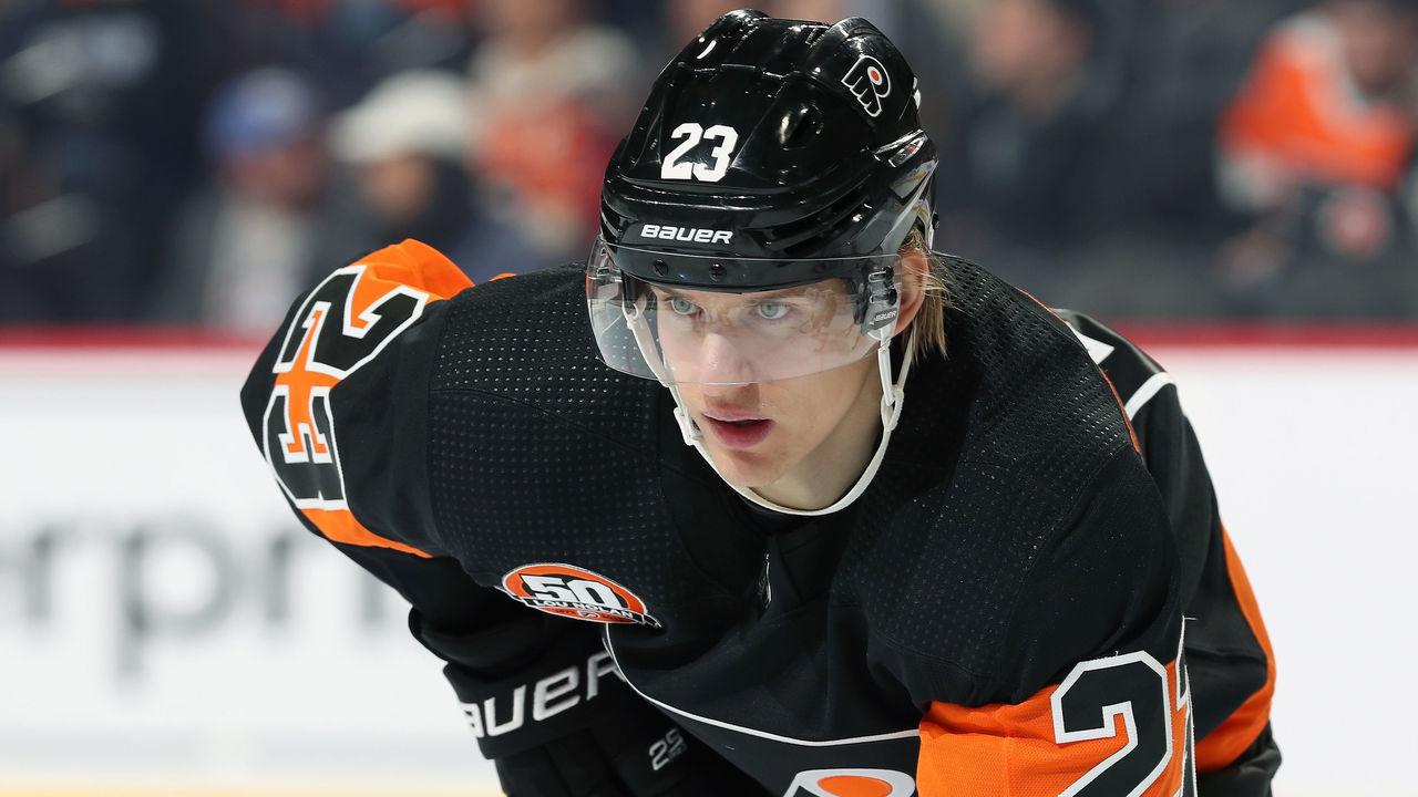 PHILADELPHIA, PA - APRIL 09: Oskar Lindblom #23 of the Philadelphia Flyers looks on against the Anaheim Ducks at the Wells Fargo Center on April 9, 2022 in Philadelphia, Pennsylvania.