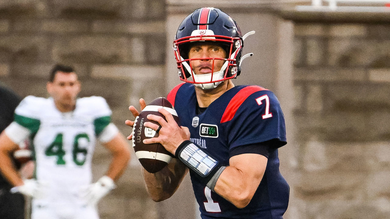 MONTREAL, QC - JUNE 23: Montreal Alouettes quarterback Trevor Harris (7) gets ready to pass the ball during the Saskatchewan Roughriders versus the Montreal Alouettes game on June 23, 2022, at Percival Molson Memorial Stadium in Montreal, QC