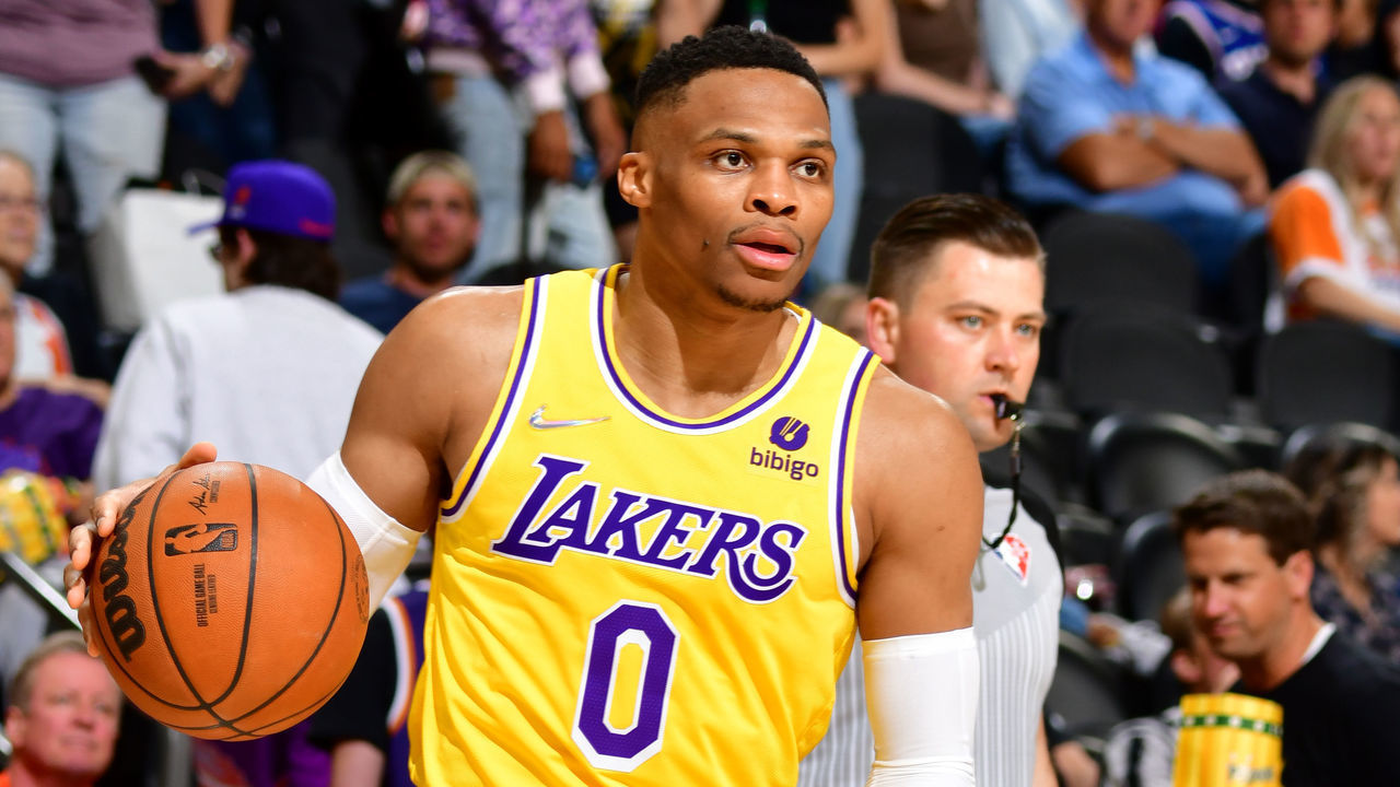 PHOENIX, AZ - APRIL 5: Russell Westbrook #0 of the Los Angeles Lakers dribbles the ball during the game against the Phoenix Suns on April 5, 2022 at Footprint Center in Phoenix, Arizona. Mandatory Copyright Notice: Copyright 2022 NBAE