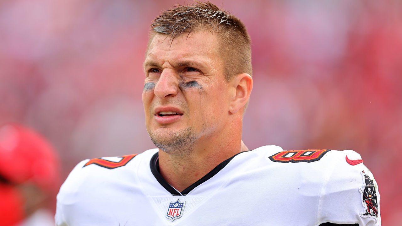 TAMPA, FLORIDA - JANUARY 16: Rob Gronkowski #87 of the Tampa Bay Buccaneers looks on against the Philadelphia Eagles during the first quarter in the NFC Wild Card Playoff game at Raymond James Stadium on January 16, 2022 in Tampa, Florida.