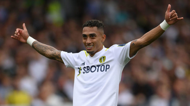 LEEDS, ENGLAND - SEPTEMBER 25: Leeds United player Raphinha celebrates his goal during the Premier League match between Leeds United and West Ham United at Elland Road on September 25, 2021 in Leeds, England.