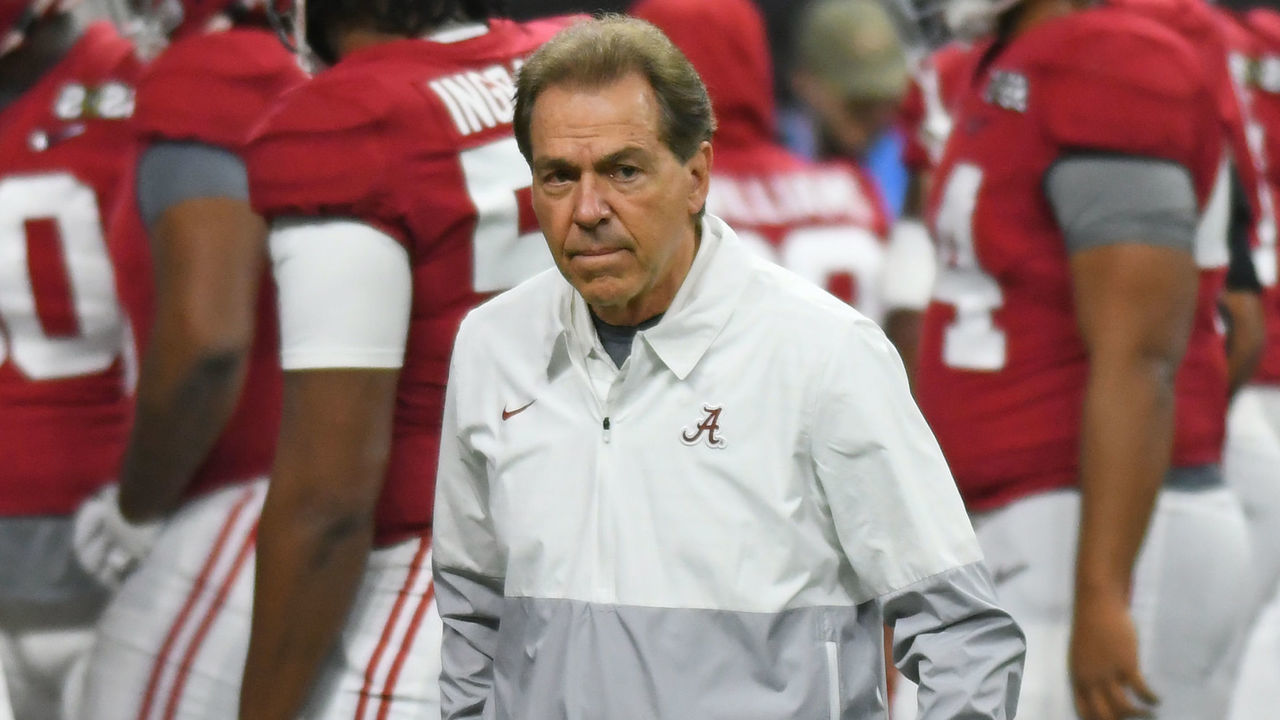 INDIANAPOLIS, IN - JANUARY 10: Alabama Crimson Tide Head Coach Nick Saban before the College Football Playoff National Championship Game between the Alabama Crimson Tide and the Georgia Bulldogs on January 10, 2022, at Lucas Oil Stadium in Indianapolis, IN.