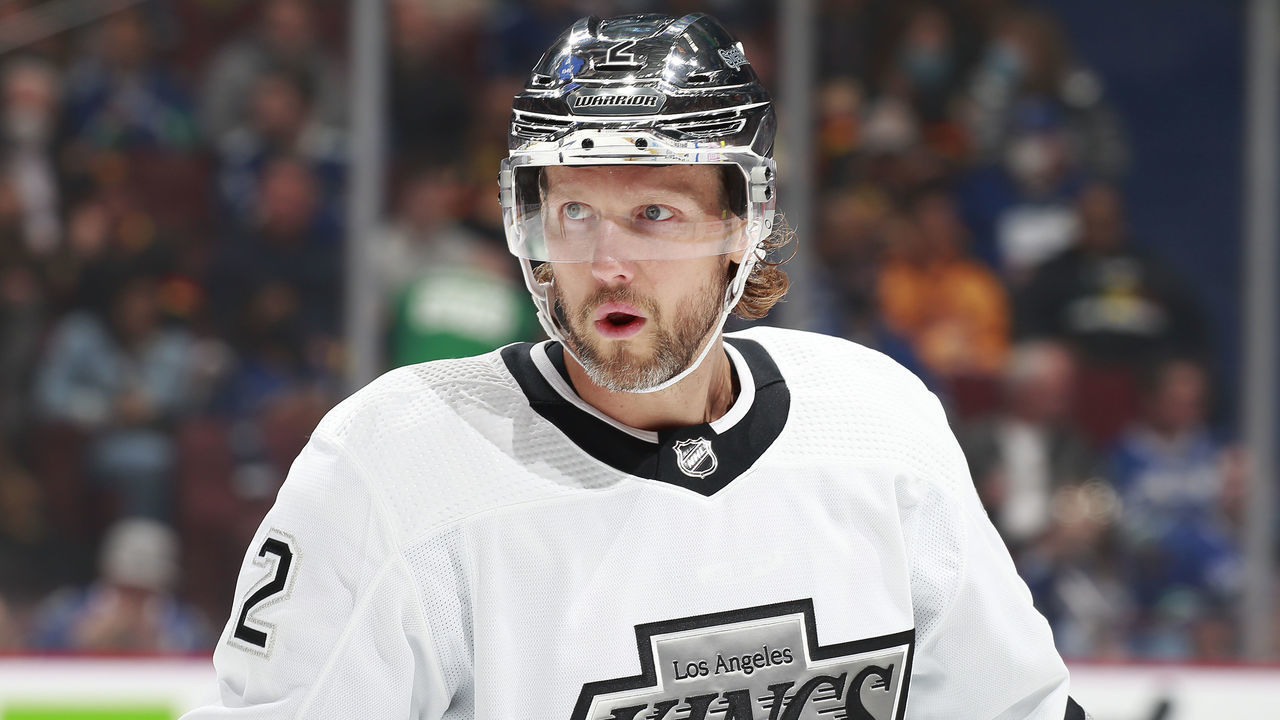 VANCOUVER, BC - APRIL 28: Alexander Edler #2 of the Los Angeles Kings skates up ice during their NHL game against the Vancouver Canucks at Rogers Arena April 28, 2022 in Vancouver, British Columbia, Canada. "n