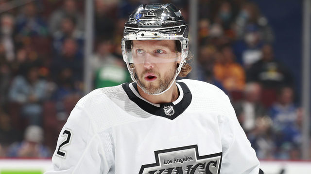 VANCOUVER, BC - APRIL 28: Alexander Edler #2 of the Los Angeles Kings skates up ice during their NHL game against the Vancouver Canucks at Rogers Arena April 28, 2022 in Vancouver, British Columbia, Canada. "n