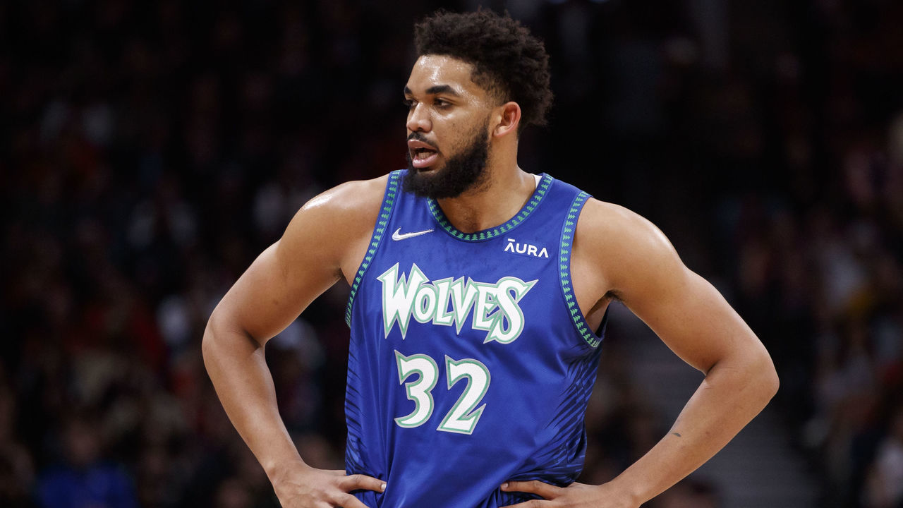 TORONTO, ON - MARCH 30: Karl-Anthony Towns #32 of the Minnesota Timberwolves reacts during the first half of their NBA game against the Toronto Raptors at Scotiabank Arena on March 30, 2022 in Toronto, Canada.