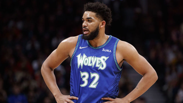 TORONTO, ON - MARCH 30: Karl-Anthony Towns #32 of the Minnesota Timberwolves reacts during the first half of their NBA game against the Toronto Raptors at Scotiabank Arena on March 30, 2022 in Toronto, Canada.