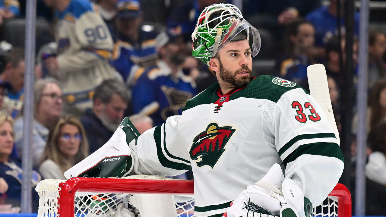 ST. LOUIS, MO - MAY 12: Minnesota Wild goalie Cam Talbot (33) takes a break during a time out during Round 1 Game 6 of the NHL Stanley Cup Playoffs between the Minnesota Wild and the St. Louis Blues on May 12, 2022, at Enterprise Center, St. Louis, MO. ,