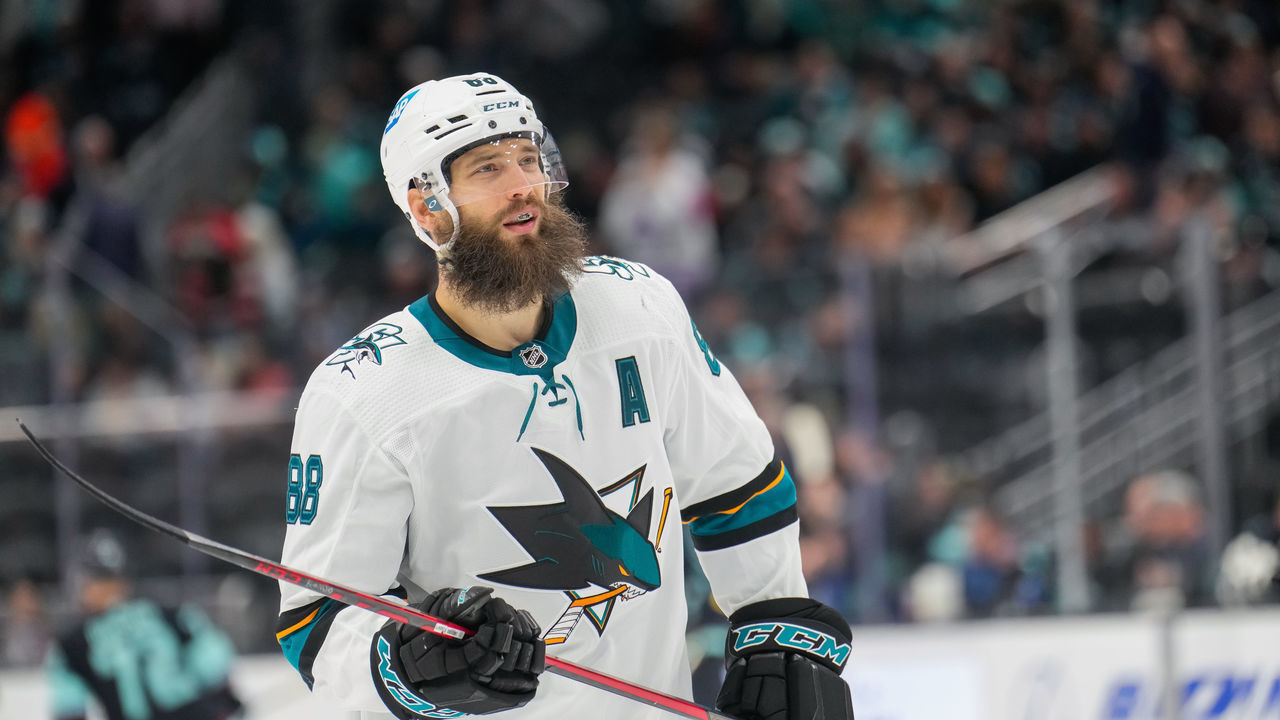 SEATTLE, WASHINGTON - APRIL 29: Brent Burns #88 of the San Jose Sharks looks up at the scoreboard during a stoppage in the second period of a game against the Seattle Kraken at Climate Pledge Arena on April 29, 2022 in Seattle, Washington.