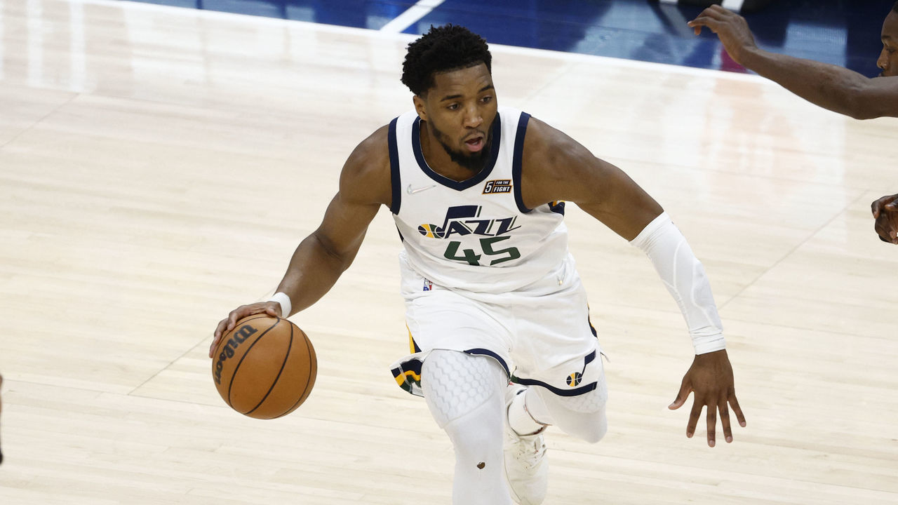 SALT LAKE CITY, UT - APRIL 23: Donovan Mitchell #45 of the Utah Jazz dribbles the ball during the game against the Dallas Mavericks during Round 1 Game 4 of the 2022 NBA Playoffs on April 23, 2022 at Vivint SmartHome Arena in Salt Lake City, Utah. Mandatory Copyright Notice: Copyright 2022 NBAE