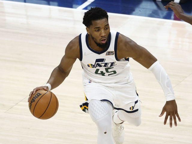 SALT LAKE CITY, UT - APRIL 23: Donovan Mitchell #45 of the Utah Jazz dribbles the ball during the game against the Dallas Mavericks during Round 1 Game 4 of the 2022 NBA Playoffs on April 23, 2022 at Vivint SmartHome Arena in Salt Lake City, Utah. Mandatory Copyright Notice: Copyright 2022 NBAE