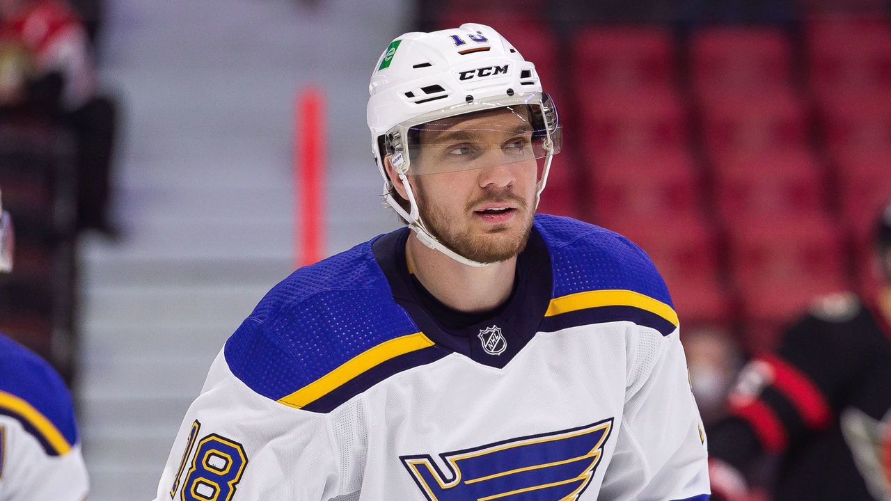 OTTAWA, ON - FEBRUARY 15: St. Louis Blues Center Robert Thomas (18) celebrates after scoring a second period goal against the Ottawa Senators during the NHL game on February 15, 2022 at the Canadian Tire Centre in Ottawa, Ontario, Canada.