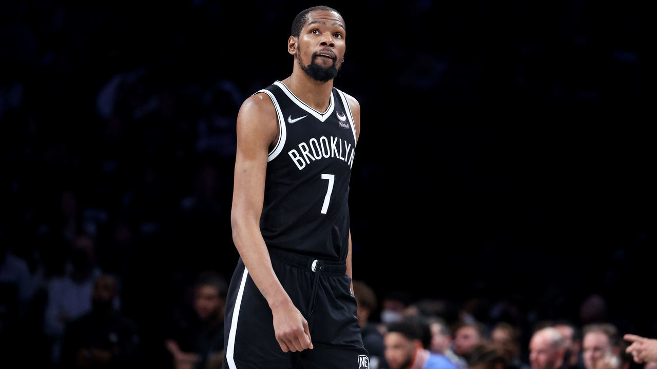 NEW YORK, NEW YORK - APRIL 23: Kevin Durant #7 of the Brooklyn Nets looks on against the Boston Celtics during Game Three of the Eastern Conference First Round NBA Playoffs at Barclays Center on April 23, 2022 in New York City. .