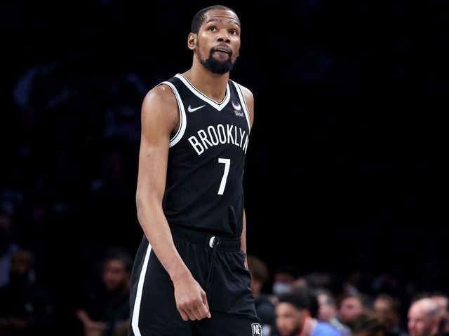 NEW YORK, NEW YORK - APRIL 23: Kevin Durant #7 of the Brooklyn Nets looks on against the Boston Celtics during Game Three of the Eastern Conference First Round NBA Playoffs at Barclays Center on April 23, 2022 in New York City. .