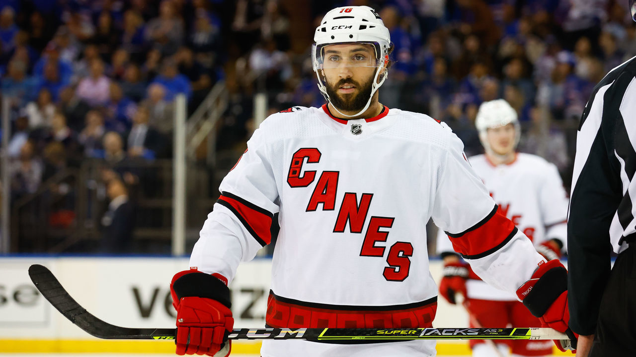 NEW YORK, NY - MAY 28: Carolina Hurricanes center Vincent Trocheck (16) against the New York Rangers during Game 6 of round 2 of the Stanley Cup playoffs on May 28, 2022 at Madison Square Garden in New York, New York.