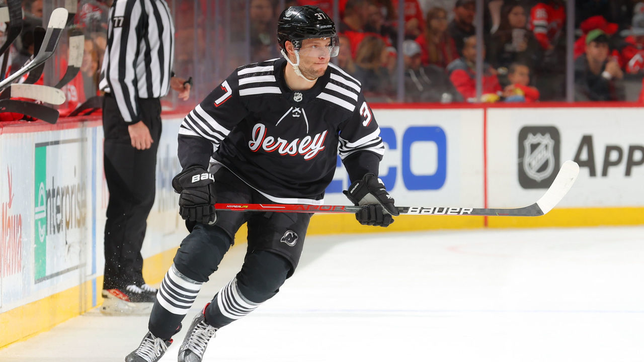 NEWARK, NJ - APRIL 29: Pavel Zacha #37 of the New Jersey Devils skates against the Detroit Red Wings on April 29, 2022 at the Prudential Center in Newark, New Jersey.