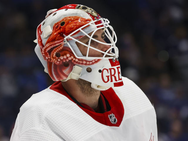 TAMPA, FL - APRIL 19: Goalie Thomas Greiss #29 of the Detroit Red Wings against the Tampa Bay Lightning during the first period at Amalie Arena on April 19, 2022 in Tampa, Florida.