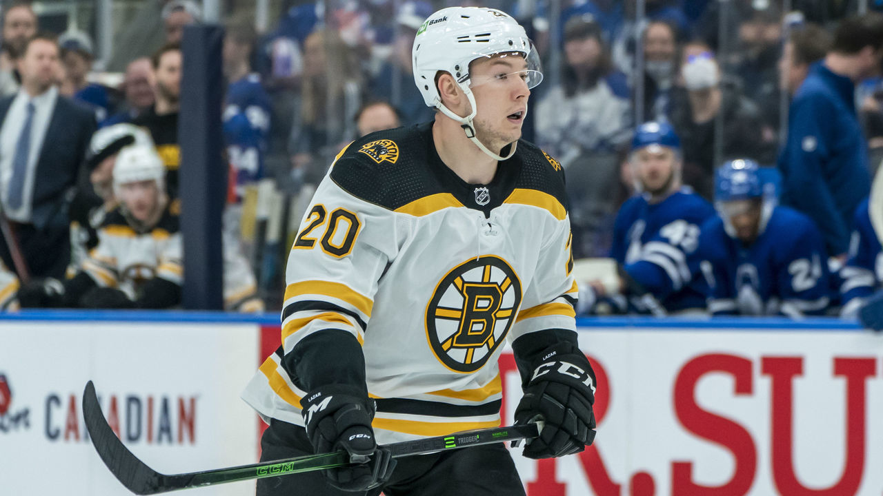 TORONTO, ON - APRIL 29: Curtis Lazar #20 of the Boston Bruins looks on against the Toronto Maple Leafs during the third period at the Scotiabank Arena on April 29, 2022 in Toronto, Ontario, Canada.