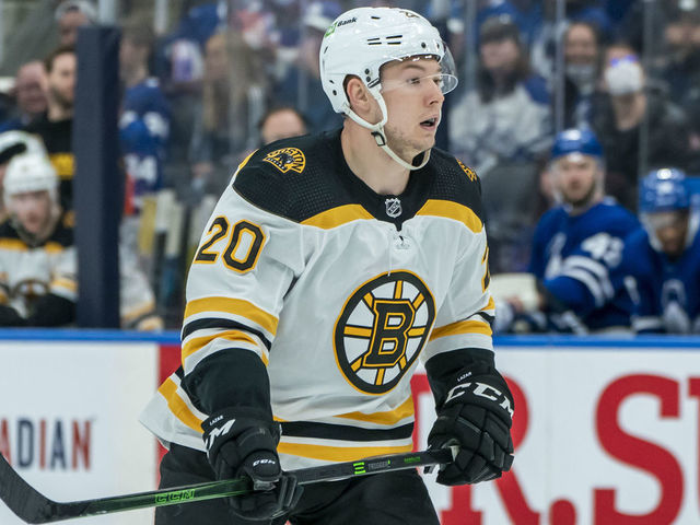 TORONTO, ON - APRIL 29: Curtis Lazar #20 of the Boston Bruins looks on against the Toronto Maple Leafs during the third period at the Scotiabank Arena on April 29, 2022 in Toronto, Ontario, Canada.