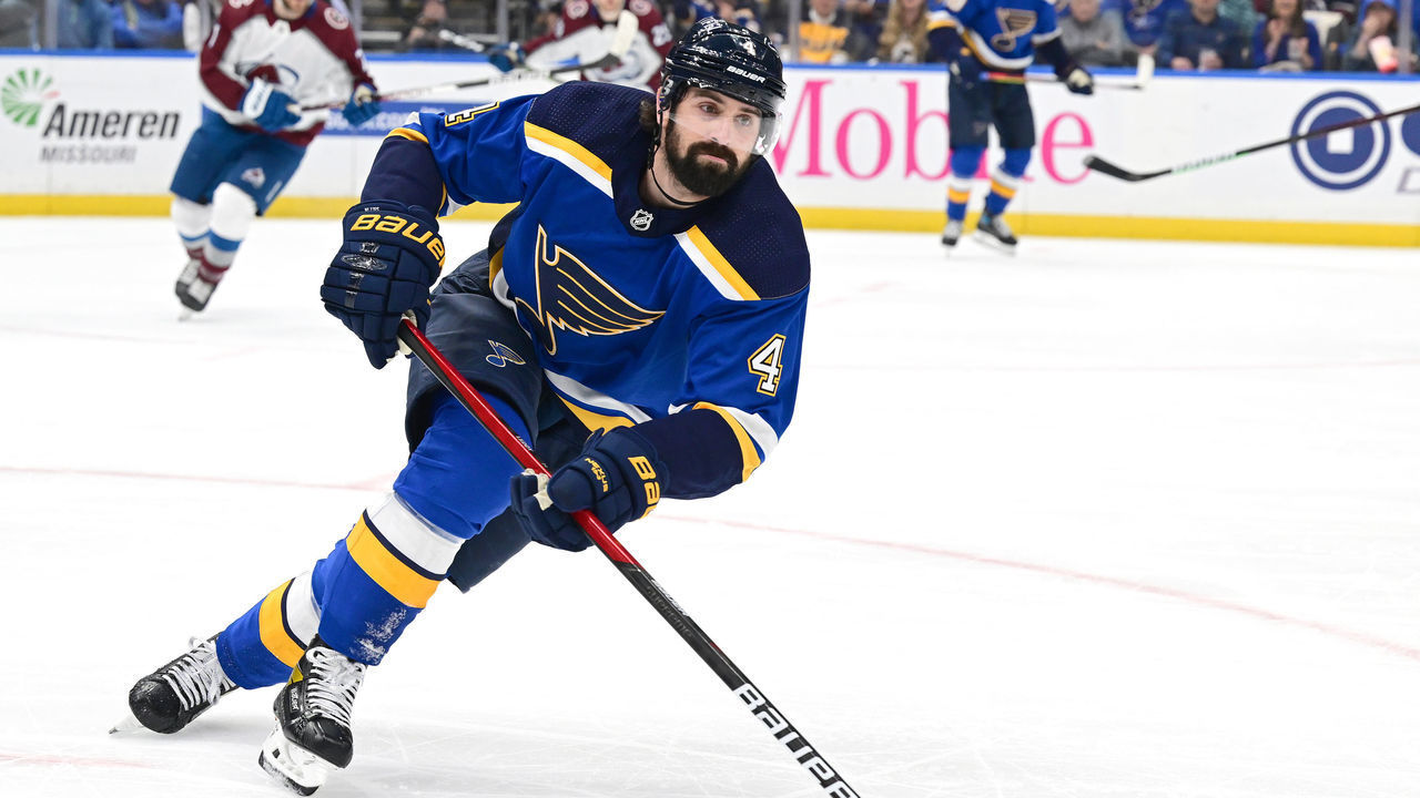 ST. LOUIS, MO - MAY 23: St. Louis Blues defenseman Nick Leddy (4) controls the puck in the second period during Round 2 Game 4 of the NHL Stanley Cup Playoffs between the Colorado Avalanche and the St. Louis Blues on May 23, 2022, at Enterprise Center, St. Louis, MO. ,