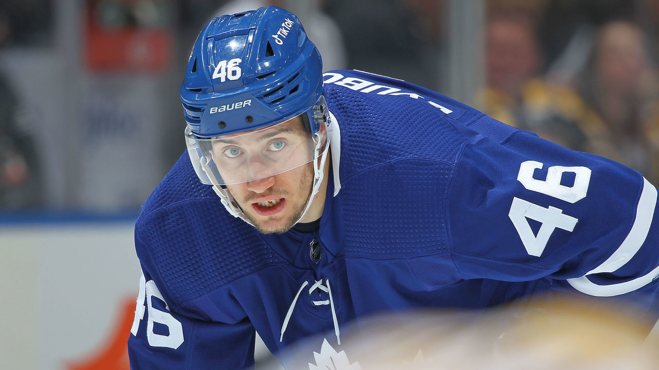 TORONTO, ON - APRIL 29: Ilya Lyubushkin #46 of the Toronto Maple Leafs waits for a faceoff against the Boston Bruins during an NHL game at Scotiabank Arena on April 29, 2022 in Toronto, Ontario, Canada. The Maple Leafs defeated the Bruins 5-2.