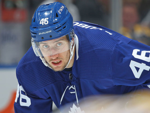 TORONTO, ON - APRIL 29: Ilya Lyubushkin #46 of the Toronto Maple Leafs waits for a faceoff against the Boston Bruins during an NHL game at Scotiabank Arena on April 29, 2022 in Toronto, Ontario, Canada. The Maple Leafs defeated the Bruins 5-2.