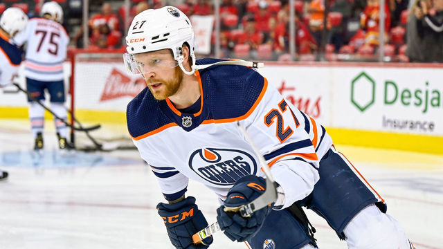 CALGARY, AB - MAY 26: Edmonton Oilers Defenceman Brett Kulak (27) warms up before game 5 of the second round of the NHL Stanley Cup Playoffs between the Calgary Flames and the Edmonton Oilers on May 26, 2022, at the Scotiabank Saddledome in Calgary, AB.
