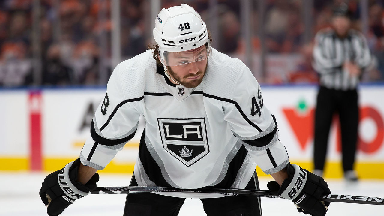EDMONTON, AB - MAY 10: Brendan Lemieux #48 of the Los Angeles Kings skates against the Edmonton Oilers during the first period in Game Five of the First Round of the 2022 Stanley Cup Playoffs at Rogers Place on May 10, 2022 in Edmonton, Canada.