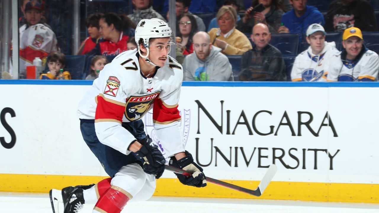 BUFFALO, NY - APRIL 3: Mason Marchment #17 of the Florida Panthers skates against the Buffalo Sabres during an NHL game on April 3, 2022 at KeyBank Center in Buffalo, New York.