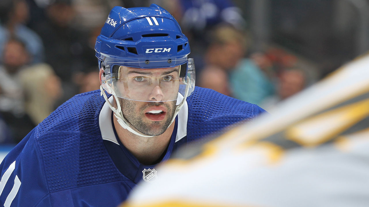 TORONTO, ON - APRIL 29: Colin Blackwell #11 of the Toronto Maple Leafs waits for a faceoff against the Boston Bruins during an NHL game at Scotiabank Arena on April 29, 2022 in Toronto, Ontario, Canada. The Maple Leafs defeated the Bruins 5-2.