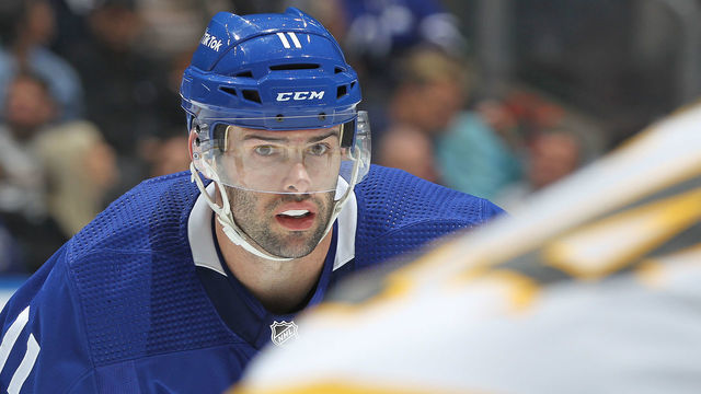 TORONTO, ON - APRIL 29: Colin Blackwell #11 of the Toronto Maple Leafs waits for a faceoff against the Boston Bruins during an NHL game at Scotiabank Arena on April 29, 2022 in Toronto, Ontario, Canada. The Maple Leafs defeated the Bruins 5-2.