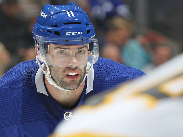 TORONTO, ON - APRIL 29: Colin Blackwell #11 of the Toronto Maple Leafs waits for a faceoff against the Boston Bruins during an NHL game at Scotiabank Arena on April 29, 2022 in Toronto, Ontario, Canada. The Maple Leafs defeated the Bruins 5-2.