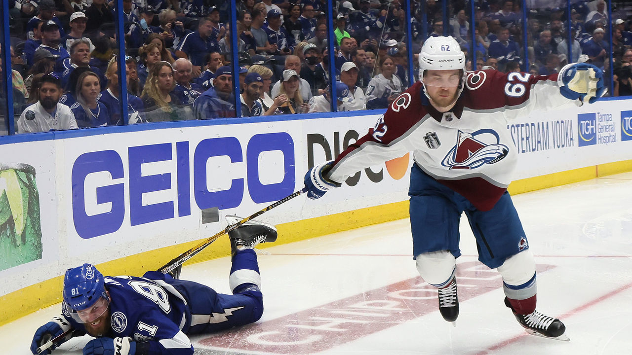 TAMPA, FLORIDA - JUNE 26: Artturi Lehkonen #62 of the Colorado Avalanche skates past Erik Cernak #81 of the Tampa Bay Lightning in the second period in Game Six of the 2022 NHL Stanley Cup Final at Amalie Arena on June 26, 2022 in Tampa, Florida.