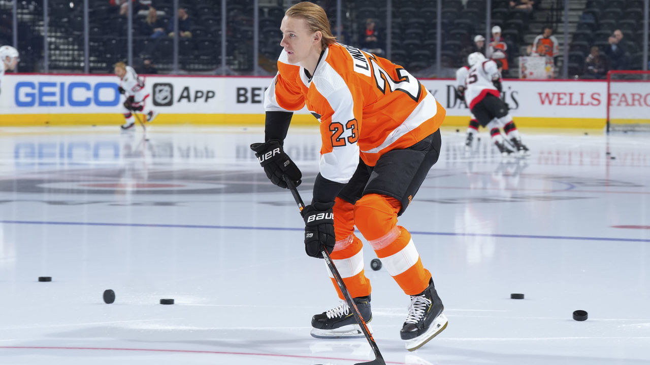 PHILADELPHIA, PA - APRIL 29: Oskar Lindblom #23 of the Philadelphia Flyers warms up prior to the game against the Ottawa Senators at the Wells Fargo Center on April 29, 2022 in Philadelphia, Pennsylvania.