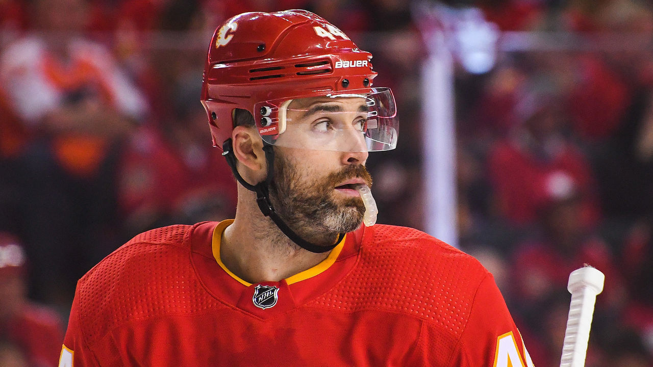 CALGARY, AB - MAY 26: Erik Gudbranson #44 of the Calgary Flames in action against the Edmonton Oilers during Game Five of the Second Round of the 2022 Stanley Cup Playoffs at Scotiabank Saddledome on May 26, 2022 in Calgary, Alberta, Canada. The Oilers defeated the Flames 5-4 in overtime to win the series four games to one.