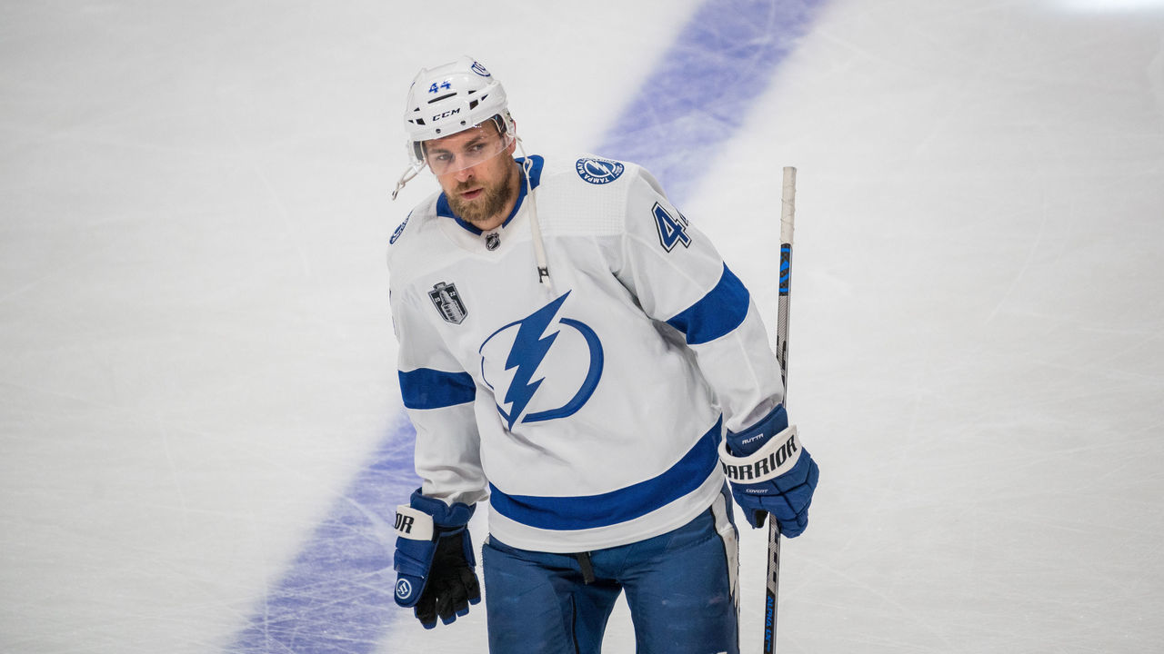 DENVER, CO - JUNE 24: Tampa Bay Lightning defenseman Jan Rutta (44) looks on during game 5 of the Stanley Cup Finals between the Tampa Bay Lightning and the Colorado Avalanche at Ball Arena in Denver, Colorado, on June 24, 2022.