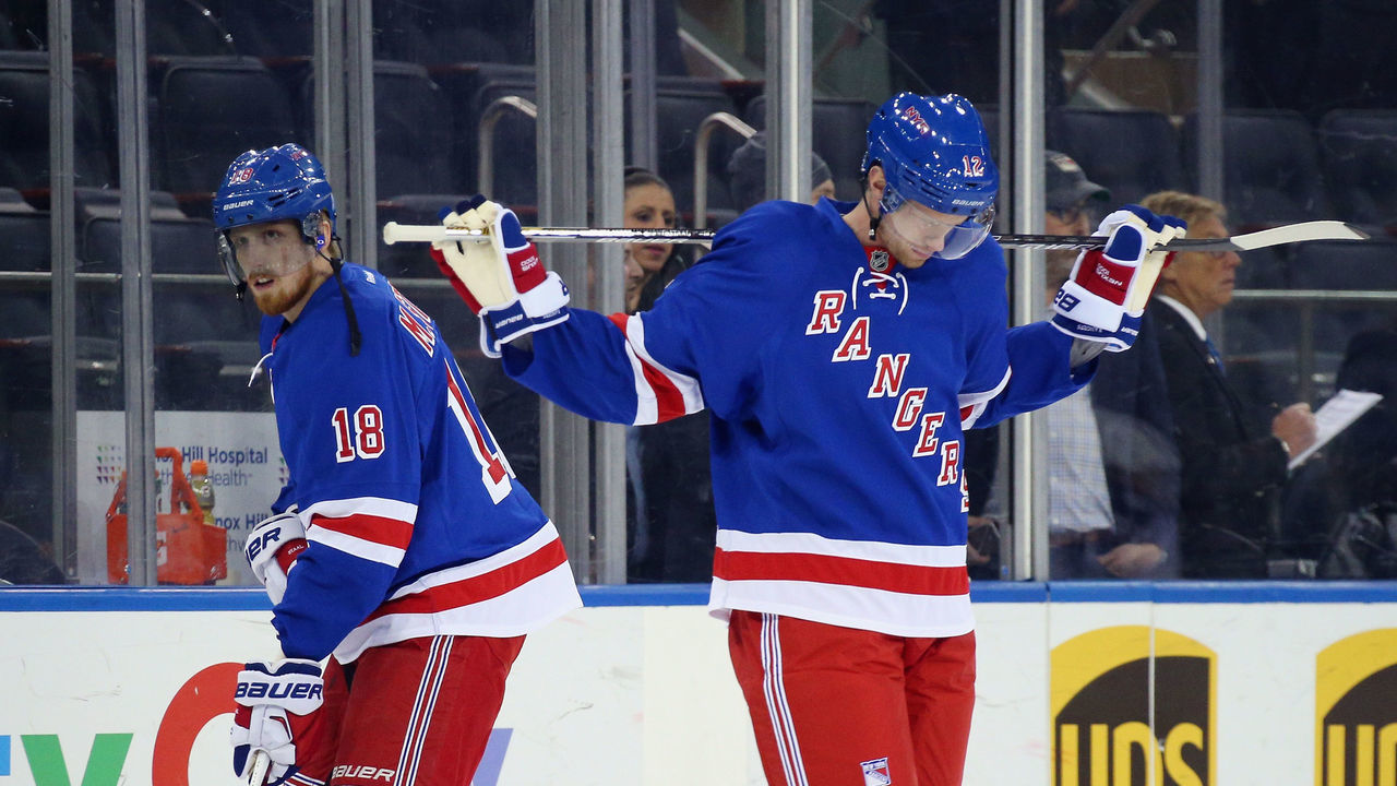 NEW YORK, NY - FEBRUARY 29: (l-r) Marc Staal #18 and his brother Eric Staal #12 of the New York Rangers skate in warm-ups prior to the game against the Columbus Blue Jackets at Madison Square Garden on February 29, 2016 in New York City.