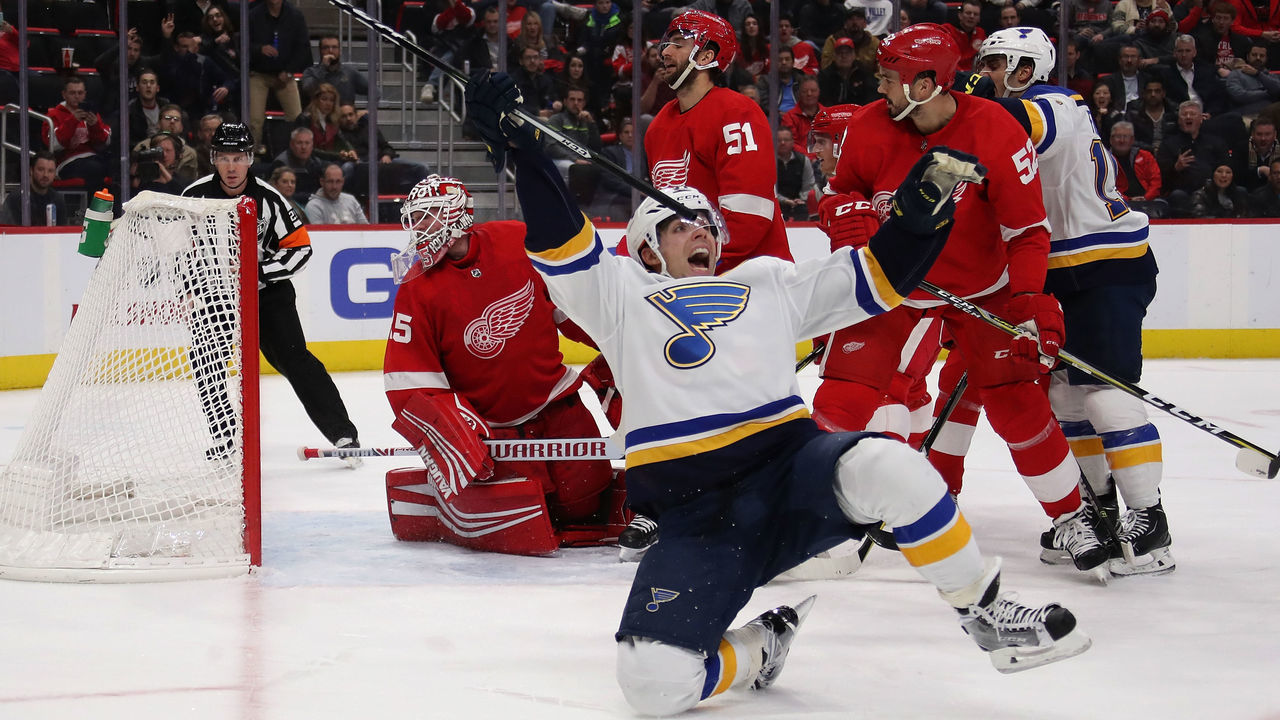 DETROIT, MICHIGAN - NOVEMBER 28: David Perron #57 of the St. Louis Blues celebrates his third period goal while playing the Detroit Red Wings at Little Caesars Arena on November 28, 2018 in Detroit, Michigan. Detroit won the game 4-3.