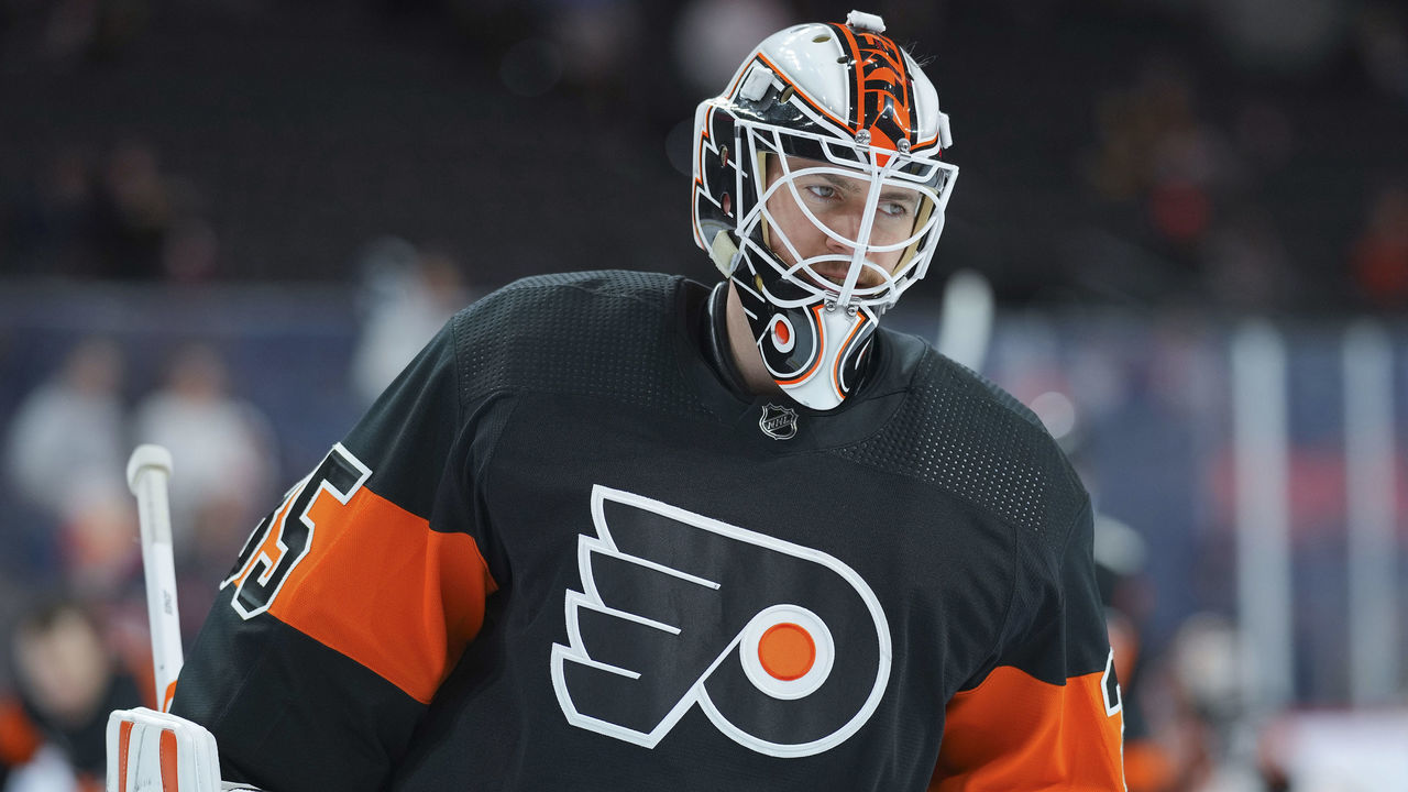 PHILADELPHIA, PA - APRIL 24: Martin Jones #35 of the Philadelphia Flyers looks on prior to the game against the Pittsburgh Penguins at the Wells Fargo Center on April 24, 2022 in Philadelphia, Pennsylvania. The Philadelphia Flyers defeated the Pittsburgh Penguins 4-1.