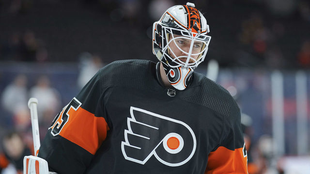 PHILADELPHIA, PA - APRIL 24: Martin Jones #35 of the Philadelphia Flyers looks on prior to the game against the Pittsburgh Penguins at the Wells Fargo Center on April 24, 2022 in Philadelphia, Pennsylvania. The Philadelphia Flyers defeated the Pittsburgh Penguins 4-1.