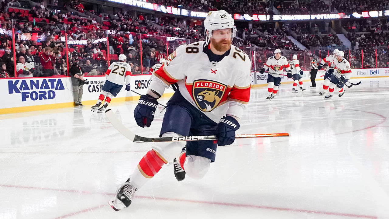 OTTAWA, ON - MARCH 26: Claude Giroux #28 of the Florida Panthers steps onto the ice during player introductions prior to a game against Ottawa Senators at Canadian Tire Centre on March 26, 2022 in Ottawa, Ontario, Canada.