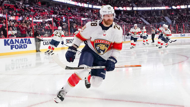 OTTAWA, ON - MARCH 26: Claude Giroux #28 of the Florida Panthers steps onto the ice during player introductions prior to a game against Ottawa Senators at Canadian Tire Centre on March 26, 2022 in Ottawa, Ontario, Canada.