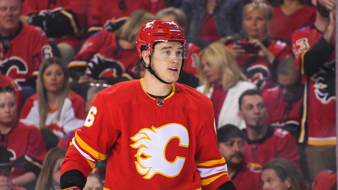 CALGARY, AB - MAY 15: Nikita Zadorov #16 of the Calgary Flames in action against the Dallas Stars during Game Seven of the First Round of the 2022 Stanley Cup Playoffs at Scotiabank Saddledome on May 15, 2022 in Calgary, Alberta, Canada. The Flames defeated the Stars 3-2 in overtime.