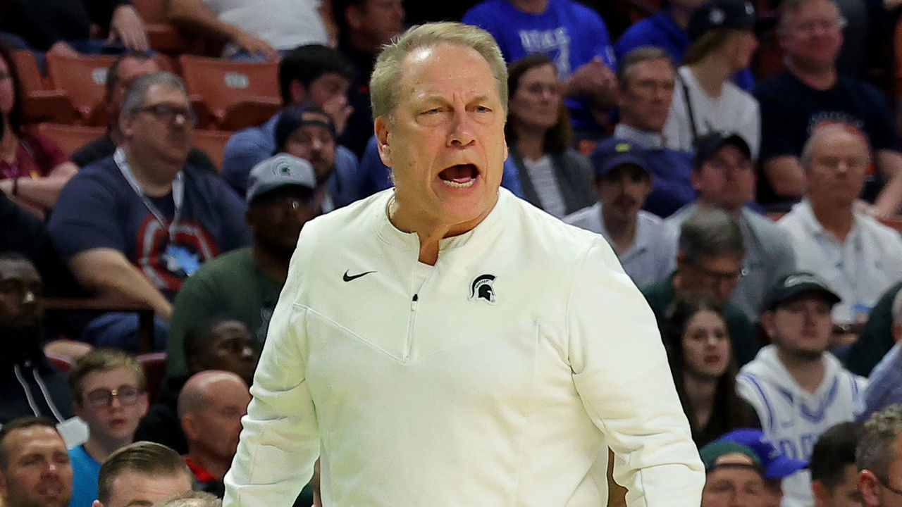 GREENVILLE, SOUTH CAROLINA - MARCH 20: Head coach Tom Izzo of the Michigan State Spartans reacts in the first half against the Duke Blue Devils during the second round of the 2022 NCAA Men's Basketball Tournament at Bon Secours Wellness Arena on March 20, 2022 in Greenville, South Carolina.
