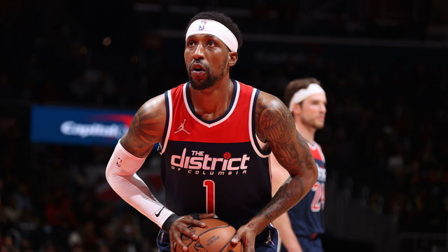 WASHINGTON, DC - MARCH 29: Kentavious Caldwell-Pope #1 of the Washington Wizards prepares to shoot a free throw during the game against the Chicago Bulls on March 29, 2022 at Capital One Arena in Washington, DC. Mandatory Copyright Notice: Copyright 2022 NBAE