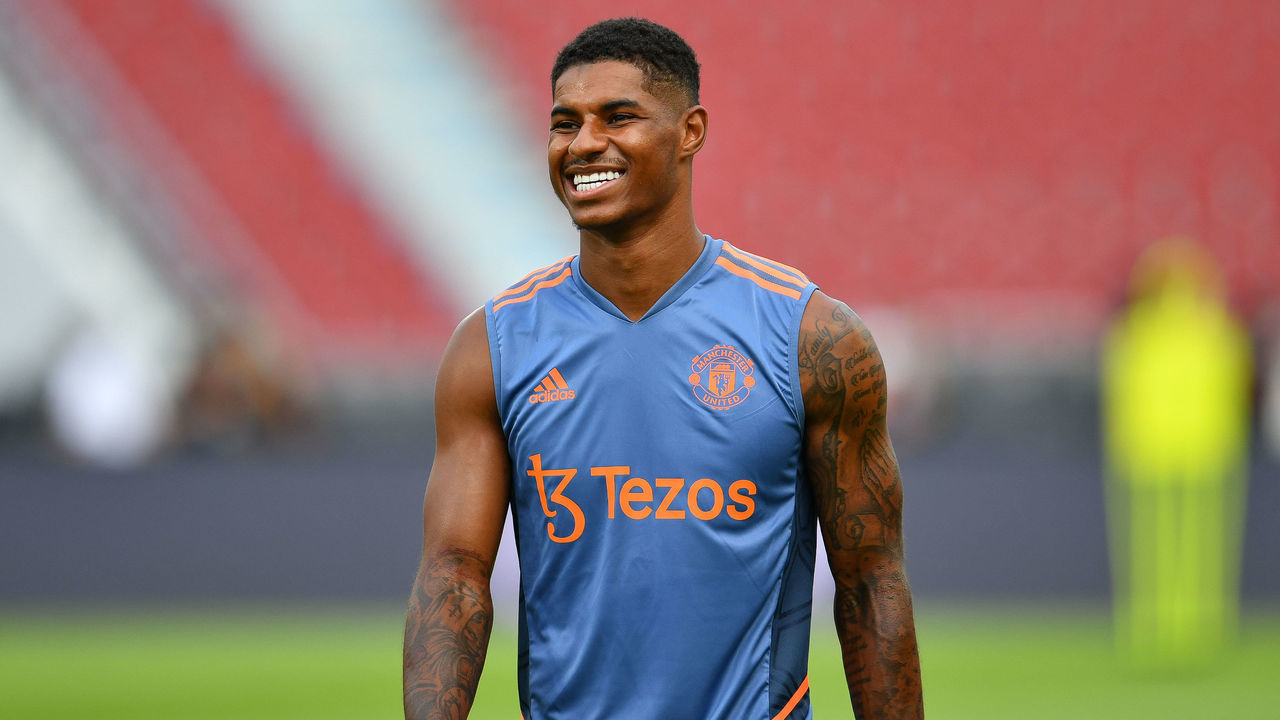 Manchester United Marcus Rashford in action during the training session before match against Liverpool at Rajamangala stadium on July 11, 2022 in Bangkok, Thailand.
