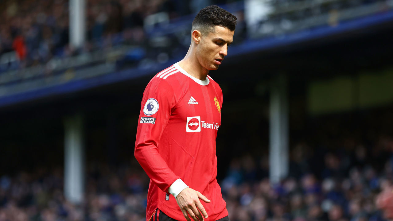 LIVERPOOL, ENGLAND - APRIL 09: Cristiano Ronaldo of Manchester United reacts during the Premier League match between Everton and Manchester United at Goodison Park on April 09, 2022 in Liverpool, England.
