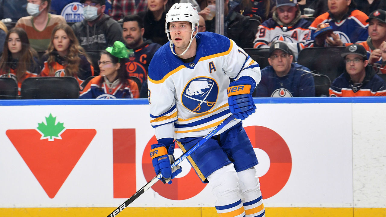 EDMONTON, AB - MARCH 17: Mark Pysyk #13 of the Buffalo Sabres skates during the game against the Edmonton Oilers on March 17, 2022 at Rogers Place in Edmonton, Alberta, Canada.