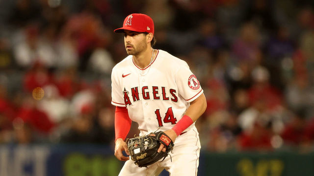 ANAHEIM, CA - JUNE 8: Tyler Wade #14 of the Los Angeles Angels in action during the game against the Boston Red Sox at Angel Stadium of Anaheim on June 8, 2022 in Anaheim, California. The Red Sox defeated the Angels 1-0.